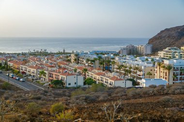 Tenerife 'deki Palm Mar kıyı kasabasının panoramik manzarasında, terasotta çatıları, palmiye ağaçları ve berrak bir gökyüzü altında engin mavi okyanus bulunan beyaz binalar yer alıyor.