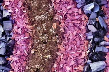 Kömür, torf ve renkli kabuk doğal malzemelerden ile bahçe dekorasyon.