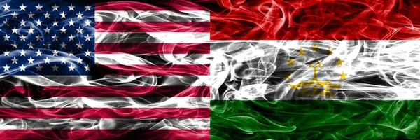 Estados Unidos Tajiquistão Conceito Bandeiras Fumaça Colocado Lado Lado — Fotografia de Stock