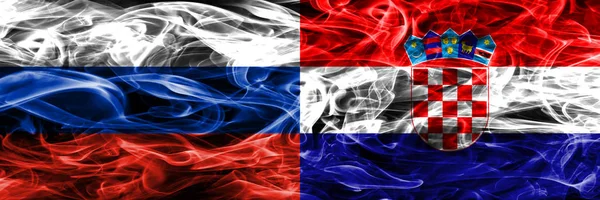 Росія Проти Хорватії Дим Прапори Розміщені Поруч — стокове фото