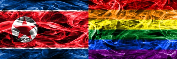 Corée Nord Drapeaux Fumée Gay Placés Côte Côte — Photo