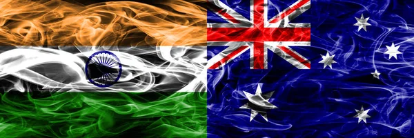 India Australia Banderas Humo Colocadas Una Lado Otra — Foto de Stock