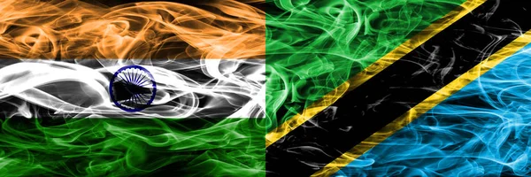 India Tanzania Smoke Flags Placed Side Side — Stock Photo, Image