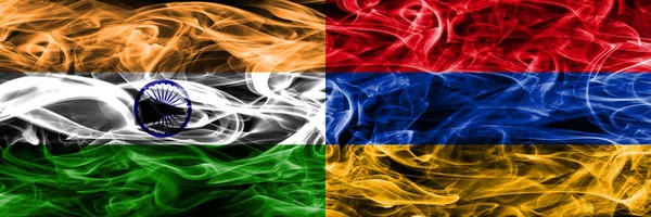 Індія Проти Вірменії Дим Прапори Розміщені Поруч — стокове фото