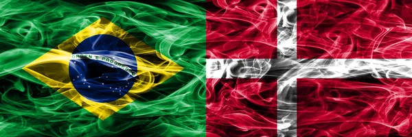 Brazil Denmark Smoke Flags Placed Side Side — Stock Photo, Image