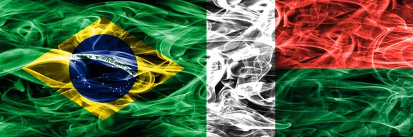 Brazil Madagascar Smoke Flags Placed Side Side — Stock Photo, Image