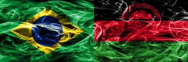 Brazil Malawi Smoke Flags Placed Side Side — Stock Photo, Image