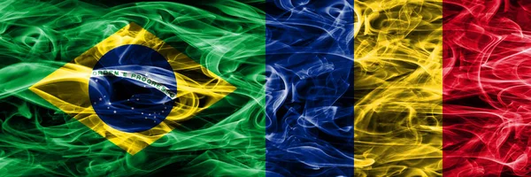 Brazil Romania Smoke Flags Placed Side Side — Stock Photo, Image