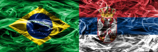 Brazil Serbia Smoke Flags Placed Side Side — Stock Photo, Image