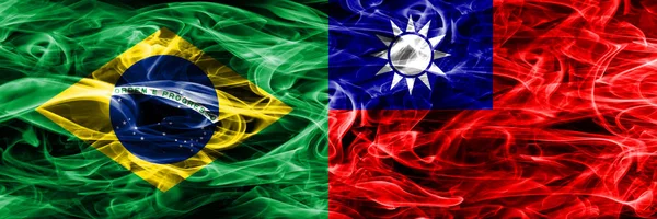 Brazil Taiwan Smoke Flags Placed Side Side — Stock Photo, Image