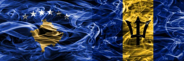 Kosovo Barbados Smoke Flags Placed Side Side — Stock Photo, Image