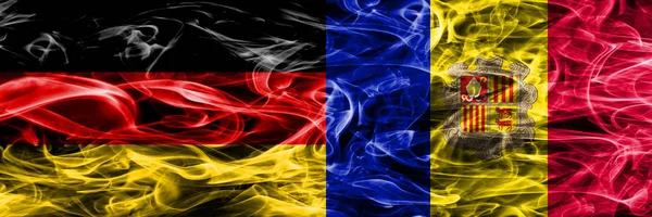 Germany Andorra Smoke Flags Placed Side Side German Andorra Flag — Stock Photo, Image