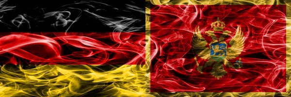 Bandeiras Fumaça Alemanha Montenegro Colocadas Lado Lado Bandeira Alemã Montenegro — Fotografia de Stock