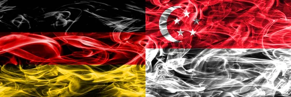 Deutschland Gegen Einzelne Rauchfahnen Nebeneinander Platziert Deutsche Und Singapore Flagge — Stockfoto