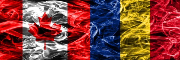 Canada Romania Smoke Flags Placed Side Side Canadian Romania Flag — Stock Photo, Image