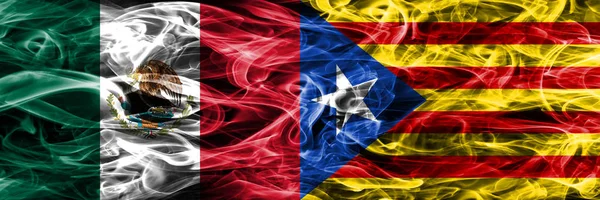 Mexico Catalonia Smoke Flags Placed Side Side Mexican Catalonia Flag — Stock Photo, Image