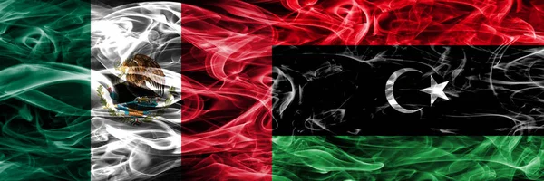 Mexico Libya Smoke Flags Placed Side Side Mexican Libya Flag — Stock Photo, Image