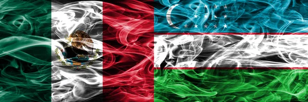 Mexico Uzbekistan Smoke Flags Placed Side Side Mexican Uzbekistan Flag — Stock Photo, Image