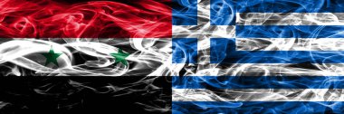 Suriye vs Yunanistan duman bayrakları yan yana yerleştirilmiş. Suriye ve Yunanistan ipeksi duman bayrakları renkli kalın