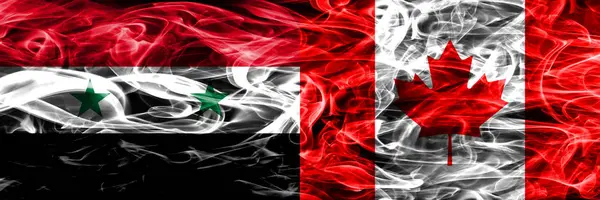 Siria Canada Bandiere Fumogene Affiancate Bandiere Fumo Spesse Colorate Setose — Foto Stock