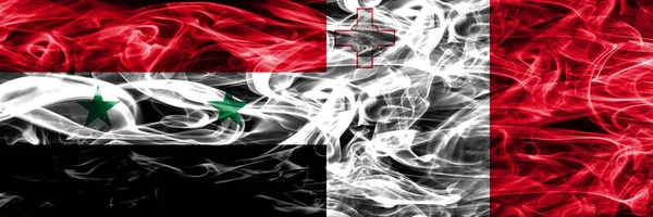 Syrië Malta Rook Vlaggen Naast Elkaar Geplaatst Dikke Gekleurde Zijdeachtige — Stockfoto