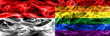 Endonezya rakip Gay duman bayrakları yan yana yerleştirilmiş. Endonezya dili ve eşcinsel ipeksi duman bayrakları kalın renkli
