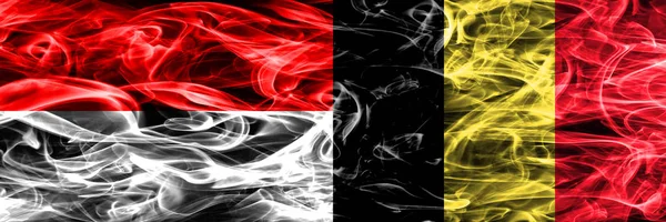 Indonesia Belgio Bandiere Fumogene Affiancate Bandiere Fumo Seta Colorate Spesse — Foto Stock