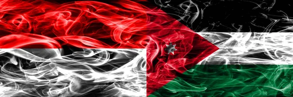 Індонезія Проти Йорданії Дим Прапори Розміщені Поруч Товста Кольорові Шовковистою — стокове фото