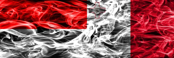 Indonesia Malta Banderas Humo Colocadas Lado Lado Banderas Humo Sedoso — Foto de Stock