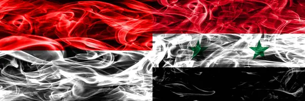 Indonesia Siria Bandiere Fumogene Affiancate Bandiere Fumo Seta Colorate Spesse — Foto Stock