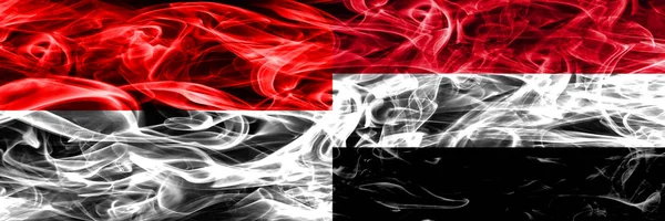 Indonésia Iêmen Bandeiras Fumaça Colocadas Lado Lado Bandeiras Fumaça Sedosa — Fotografia de Stock