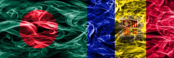 Bandeiras Fumo Bangladesh Andorra Colocadas Lado Lado Bandeiras Fumo Sedoso — Fotografia de Stock
