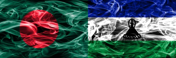 Бангладеш Проти Лесото Дим Прапори Розміщені Поруч Товста Кольорові Шовковистою — стокове фото