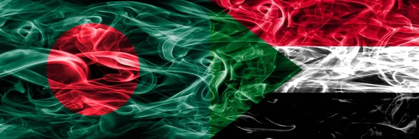 Bangladesh Sudan Smoke Flags Placed Side Side Thick Colored Silky — Stock Photo, Image