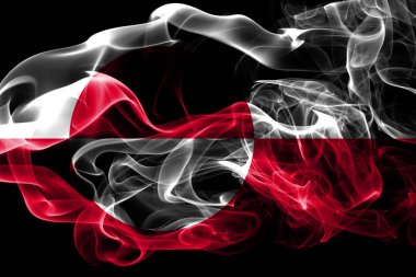 Grönland ulusal bayrak renkli duman siyah arka plan üzerine izole yapılmış. Soyut ipeksi dalga arka plan.