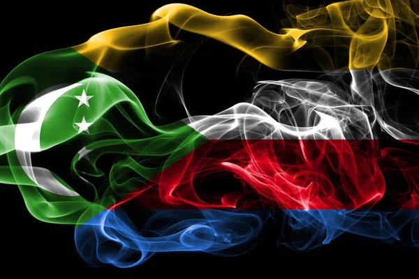 Nationalflagge Der Komoren Aus Farbigem Rauch Isoliert Auf Schwarzem Hintergrund — Stockfoto