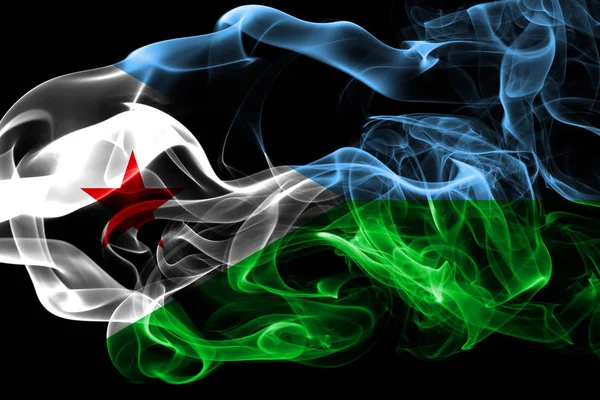 ジブチの国旗は 黒の背景に分離された色の煙から作られました 抽象的な絹のような波の背景 — ストック写真