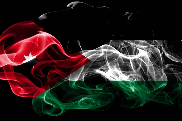 约旦国旗由黑色背景上的有色烟雾制成 抽象丝质波浪背景 — 图库照片