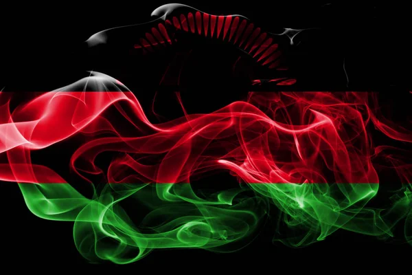 Malawi Ulusal Bayrak Renkli Duman Siyah Arka Plan Üzerine Izole — Stok fotoğraf