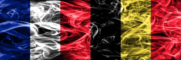 Francia Belgio Bandiere Fumogene Affiancate Bandiere Fumo Color Seta Spesse — Foto Stock