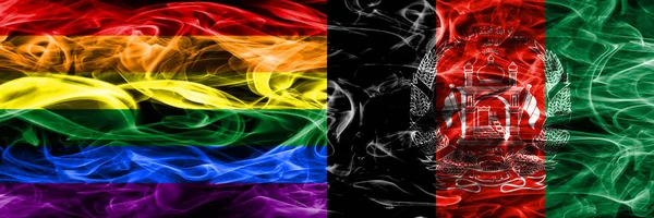 同性恋 阿富汗烟旗并排放置 同性恋和阿富汗厚彩色的丝绸烟雾旗 — 图库照片