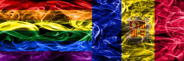 Gay Andorra Smoke Flags Placed Side Side Thick Colored Silky — Stock Photo, Image