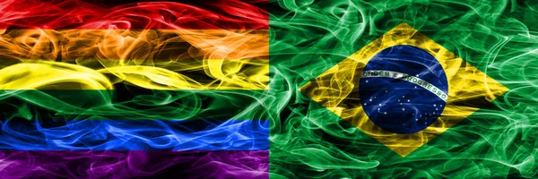 Gay Brazylia Pali Flagi Umieszczone Obok Siebie Grube Kolorowe Jedwabiste — Zdjęcie stockowe