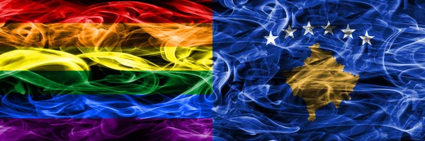 Gay Kosovo Smoke Flags Placed Side Side Thick Colored Silky — Stock Photo, Image