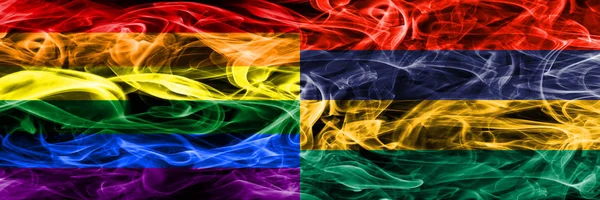 ゲイ対モーリシャス煙サイド サイド配置フラグ 厚い色の絹のような煙フラグはゲイとモーリシャス — ストック写真