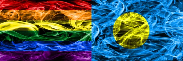 Bandiere Fumogene Gay Palau Affiancate Bandiere Fumo Spesse Colorate Setose — Foto Stock