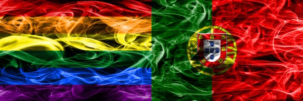 Bandeiras Fumo Gay Portugal Colocadas Lado Lado Bandeiras Fumo Sedoso — Fotografia de Stock