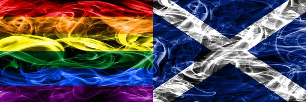 Bandeiras Fumaça Gay Scotland Colocadas Lado Lado Bandeiras Fumaça Sedosa — Fotografia de Stock