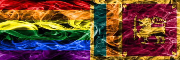 同性与斯里兰卡的烟旗并排放置 同性恋和斯里兰卡厚颜色的丝绸烟雾旗 — 图库照片