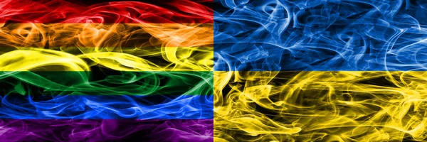 Gay Ucrania Banderas Humo Colocadas Lado Lado Color Grueso Sedoso —  Fotos de Stock